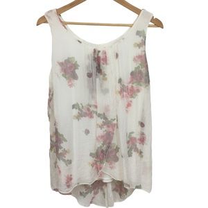 AMBRA sz Medium Blouse Silk Floral Sleeveless Feminine Flowers White Pink NWT